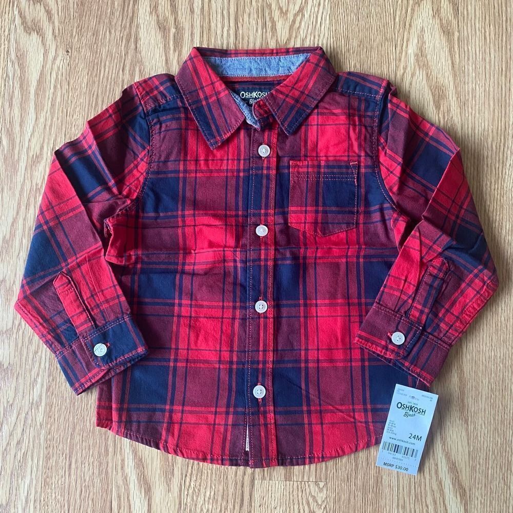 OshKosh B'gosh Plaid Button Up Shirt Red Navy 24 Months